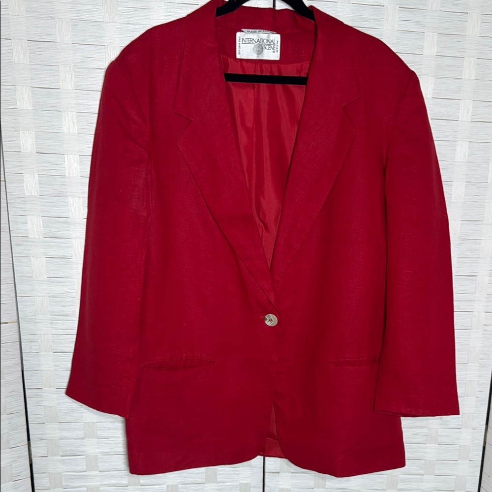 International Scene 1980s Red Linen One Button‎ Blazer Size 14